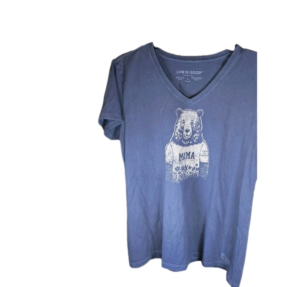 Life Is Good Mama Bear Women's Blue V-Neck Crusher Tee T-Shirt Size Large